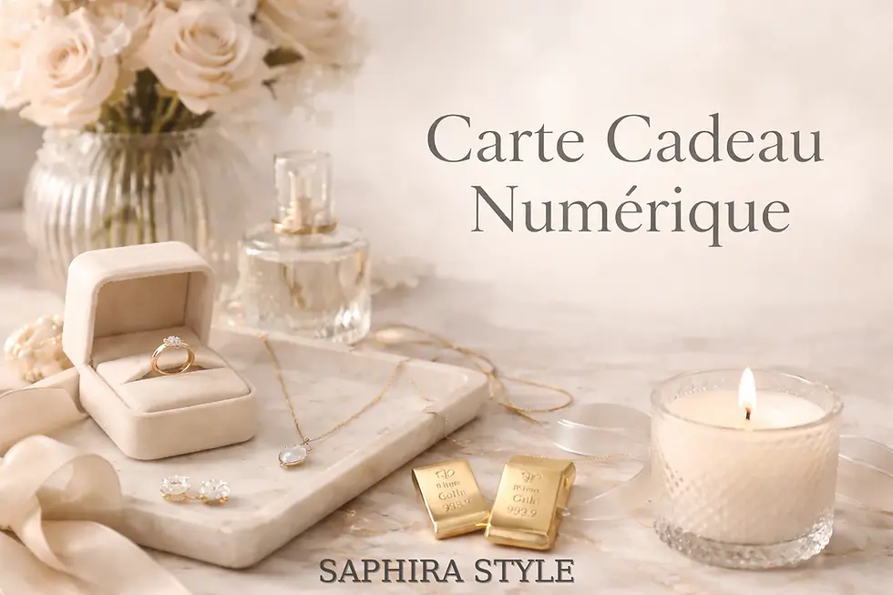 Carte Cadeau Numérique Saphira Style: bijoux, parfum, bougie luxueux.