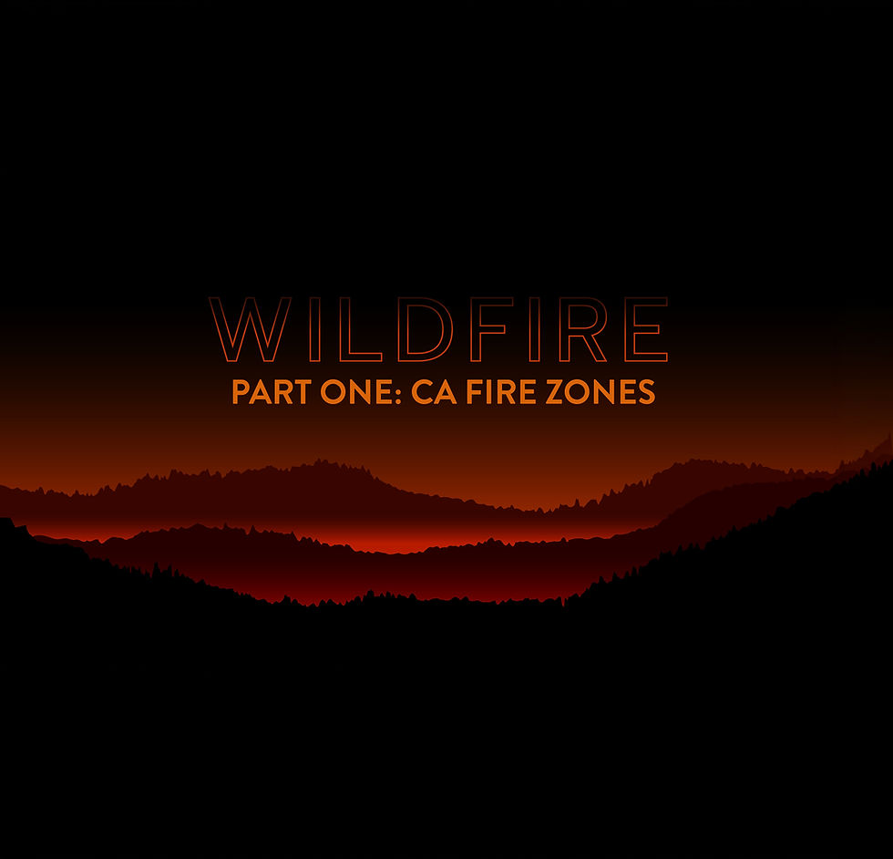 California wildfire zones graphic with red horizon and mountain silhouettes.