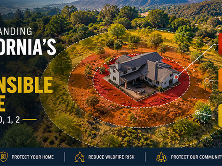 California Zone 0 defensible space diagram showing wildfire protection zones around a home, including ember-resistant Zone 0, defensible space Zone 1, and fuel reduction Zone 2.