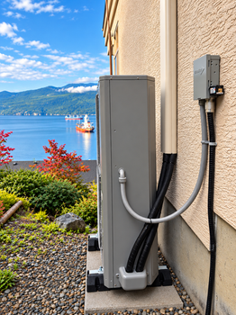 TOSOT heat pump overlooking Cowichan Bay, with colour-matched line cover, risers, surge protection and river-rock landscaping