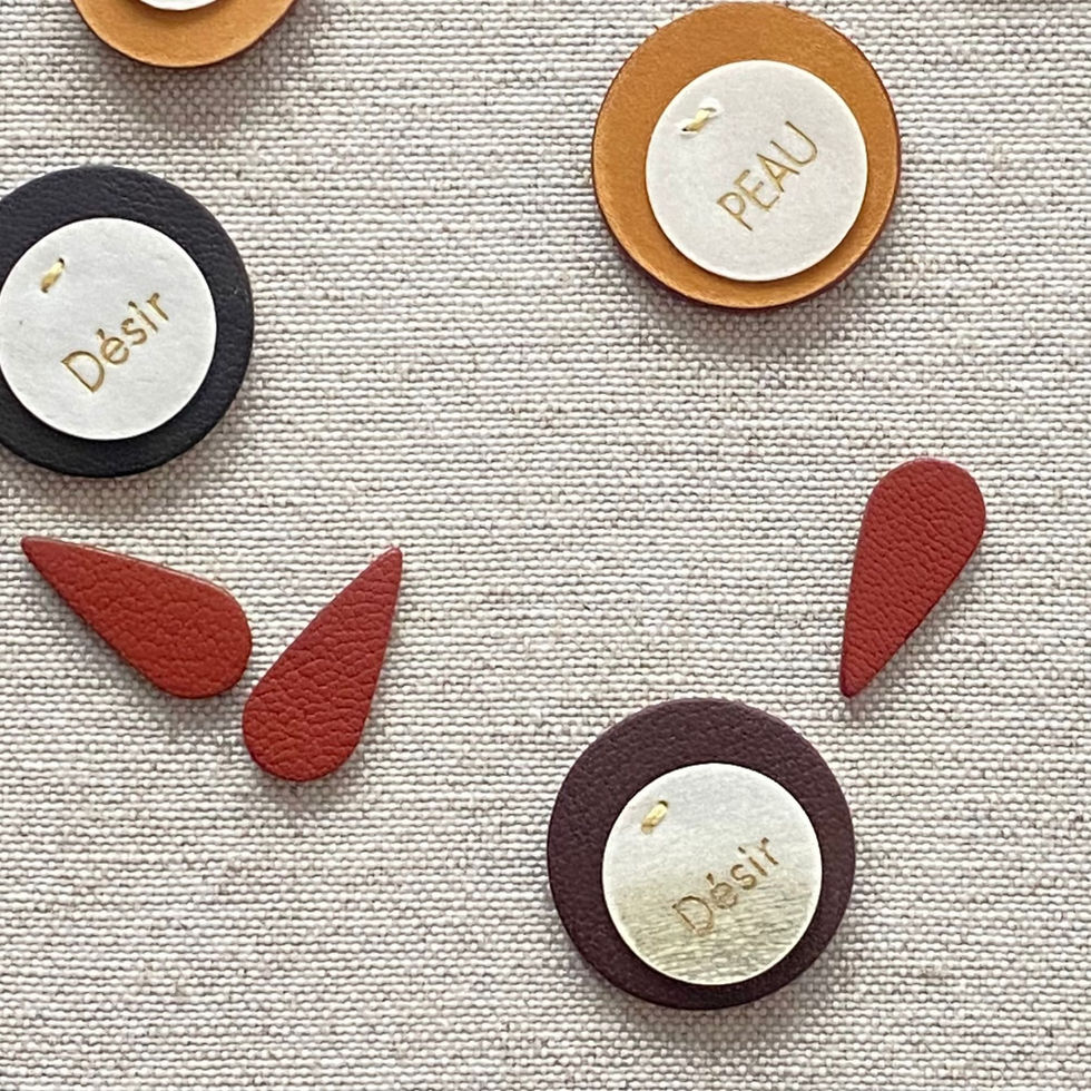 Détails des pastilles Simin en cuir de chèvre doublé veau et parchemin, marquage à chaud “Désir”.