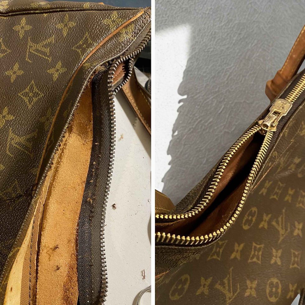 Avant après réparation d’un sac en cuir avec fermeture éclair restaurée à Paris