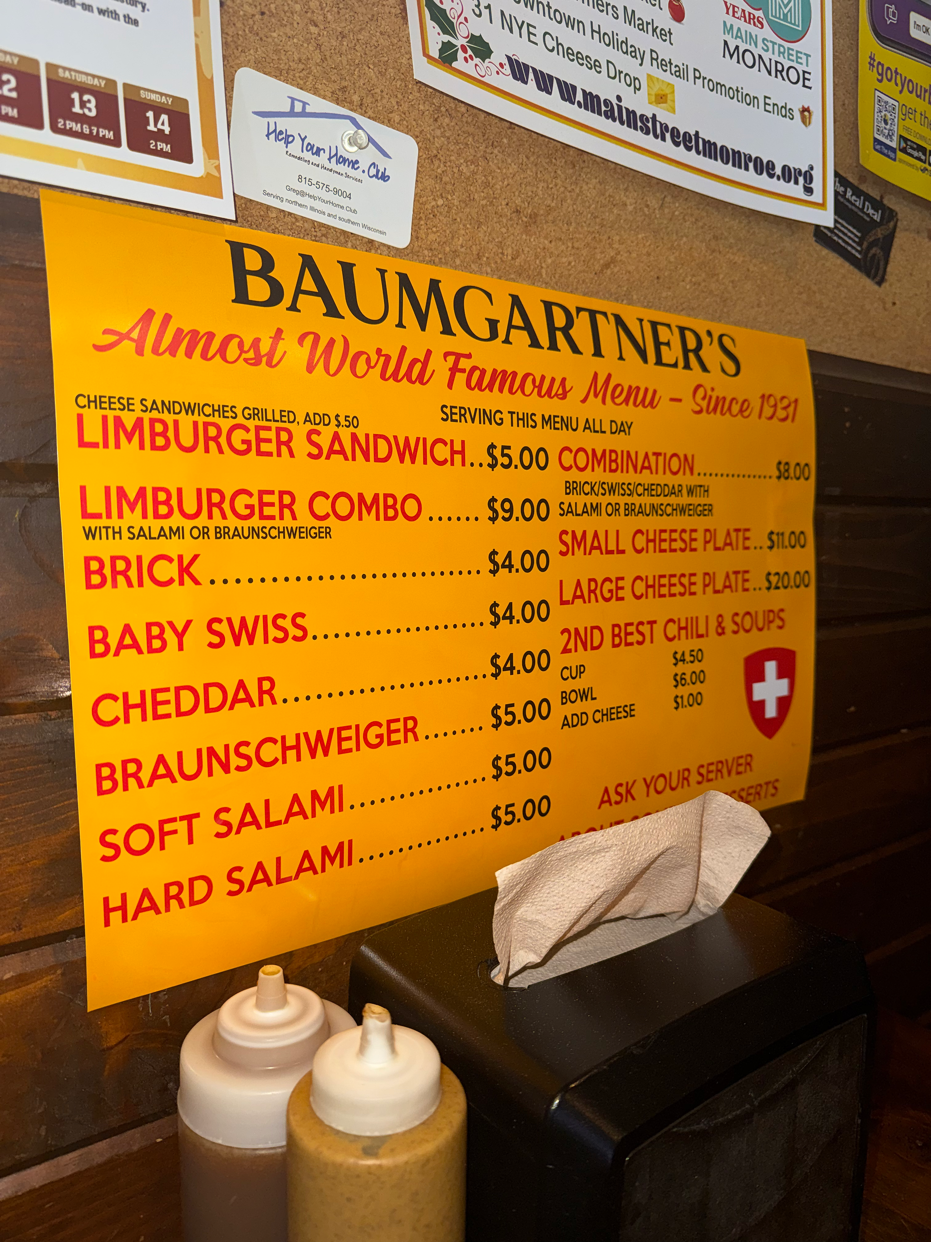 Menu at Baumgartner's Monroe WI