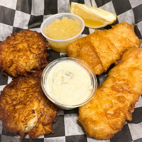 beer battered fish fry with potato pancakes and tartar sauce at 841 brewhouse in whitewater wisconsin