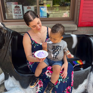 mom and son eating ice cream at the chocolate chisel in port washington wisconsin
