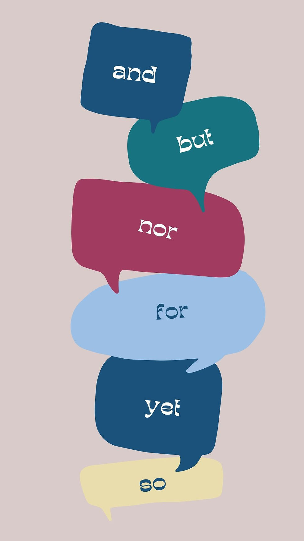 multicolored speech bubbles filled with various conjuction words