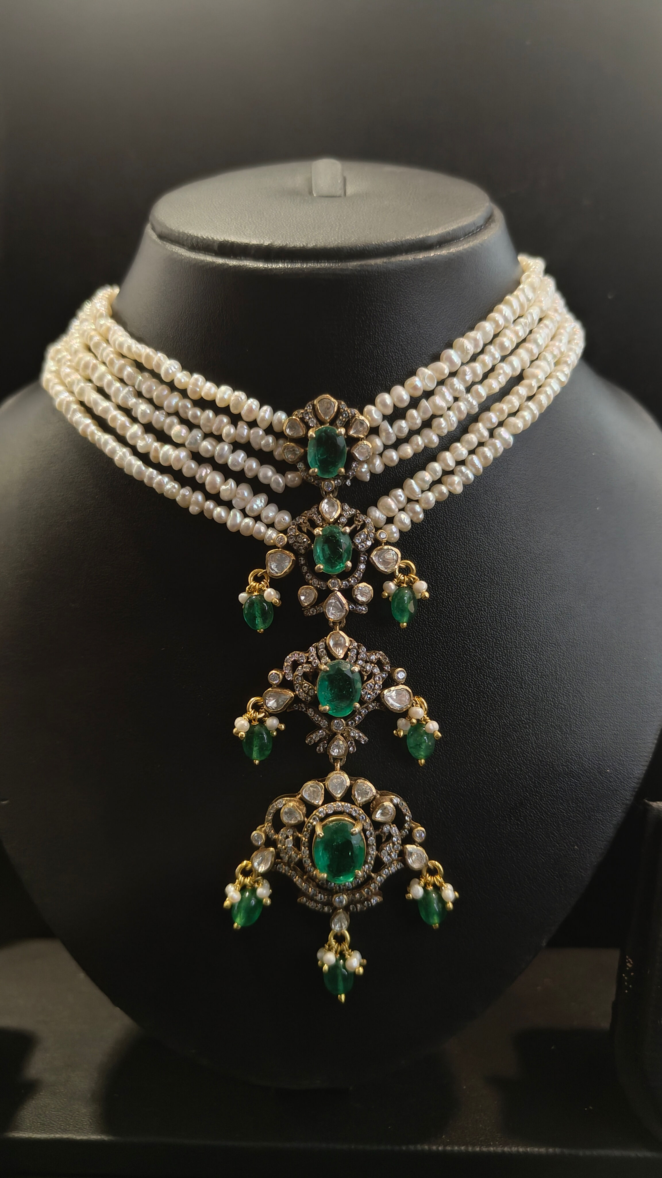 Pearl Multi‑Strand Choker with Emerald Mughal Pendant