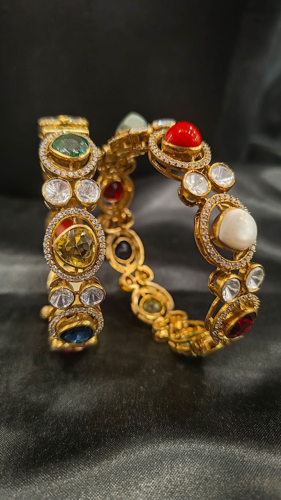 Navaratna Silver Polki Bangles (Pair)