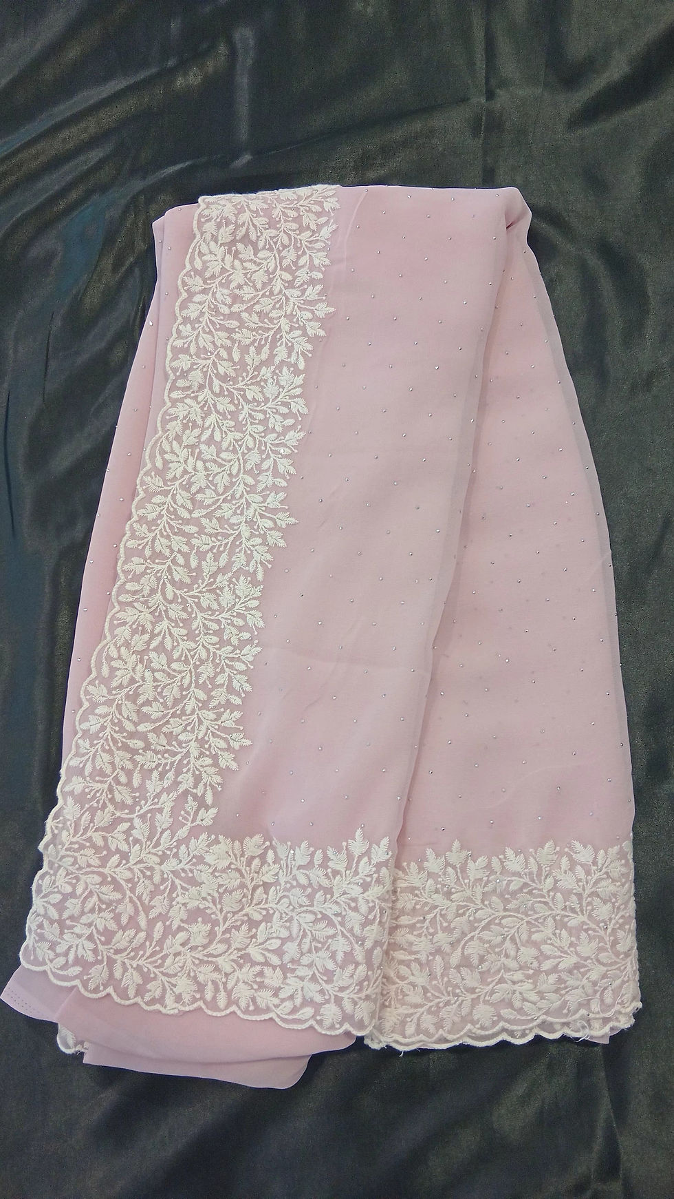 Baby Pink Stone-Studded Net Dupatta with Heavy Lace Border