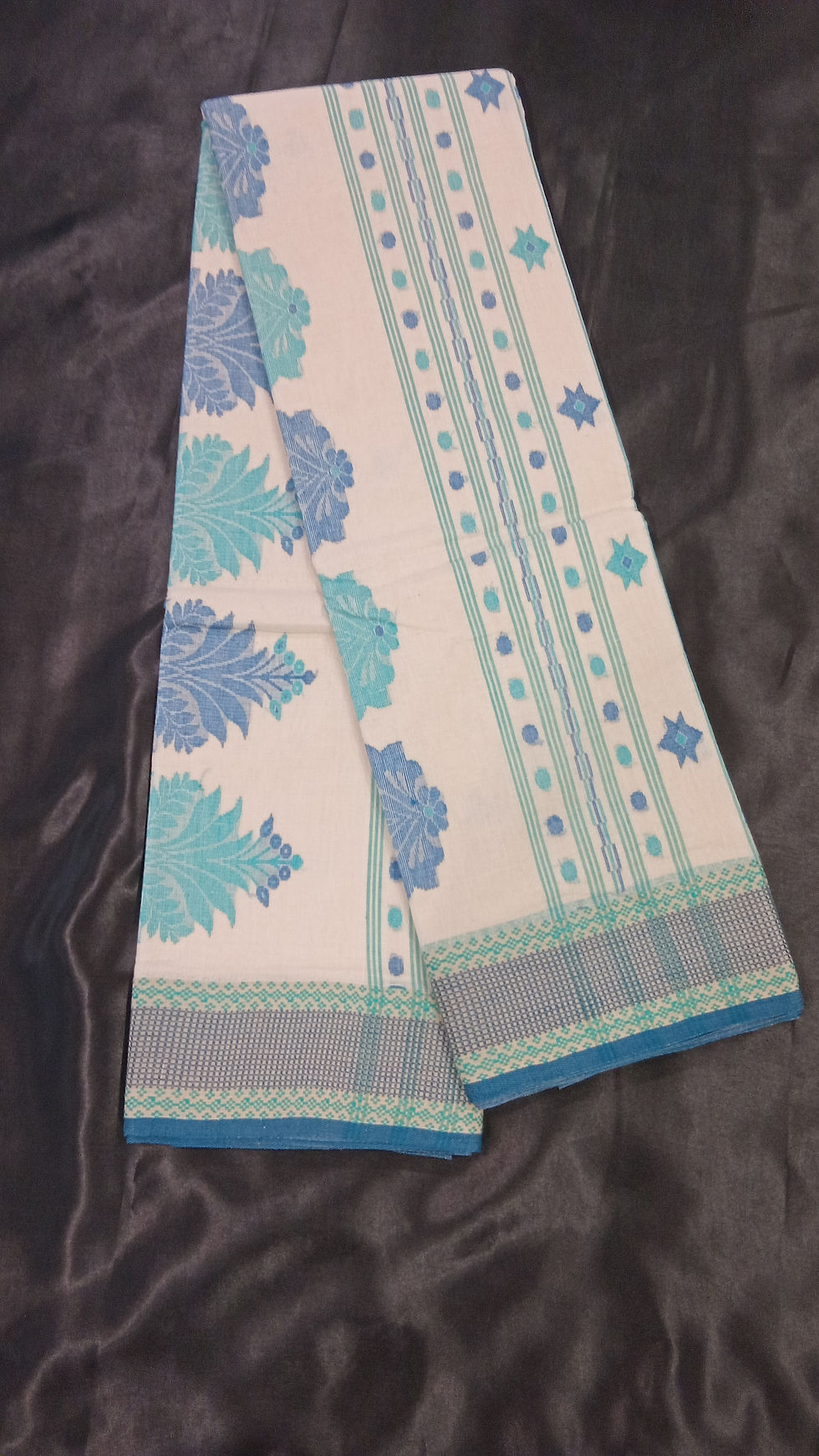 Ivory Blue Handloom Cotton Saree with Floral Boota and Star Border