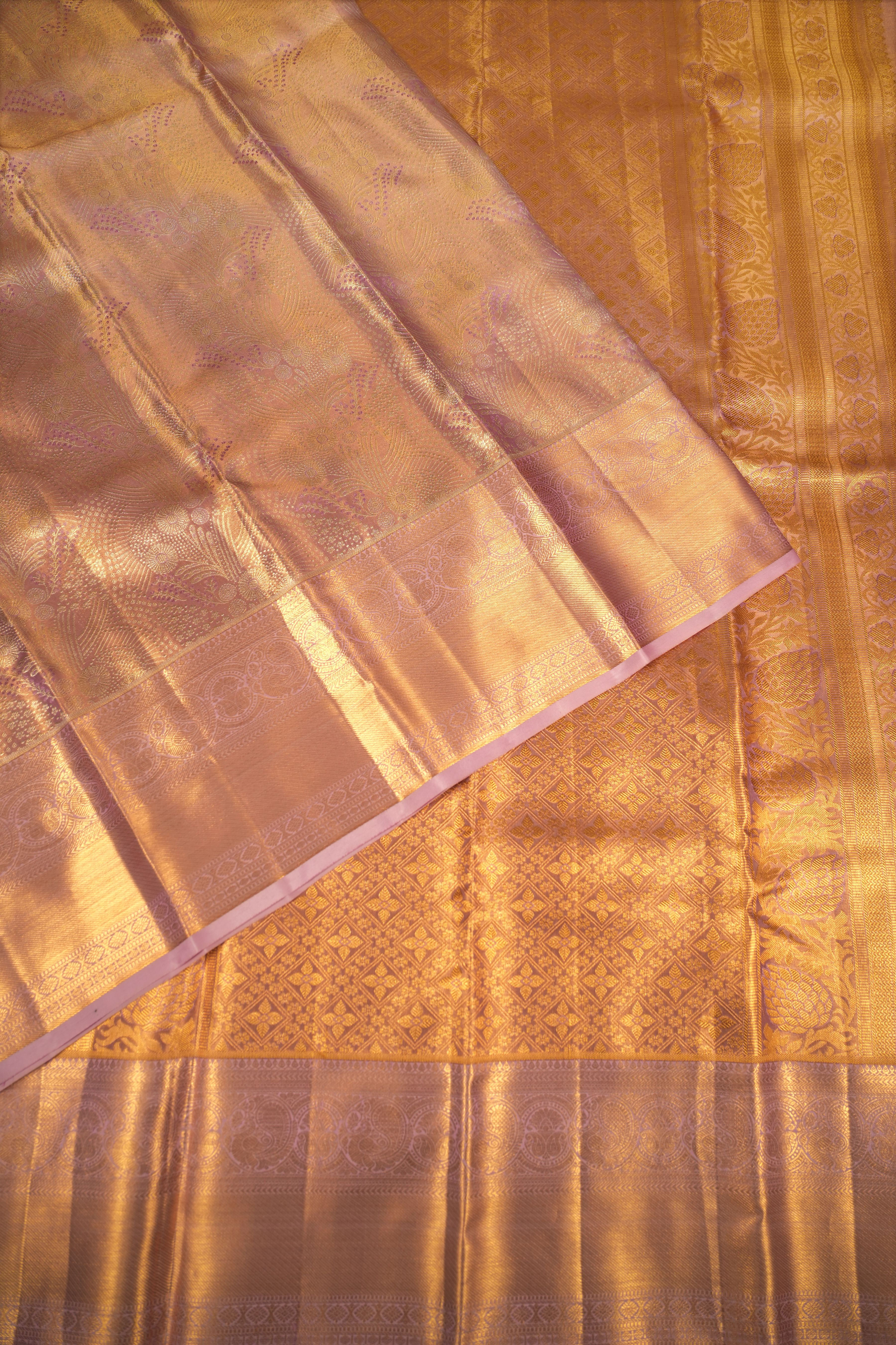 Peach Gold Kanchipuram Silk Saree with Subtle Zari Motifs