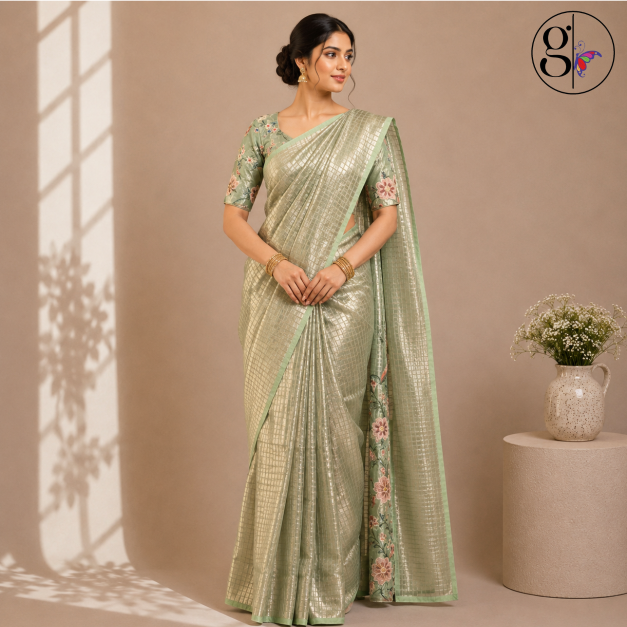 Sage Green Tissue Kora Saree