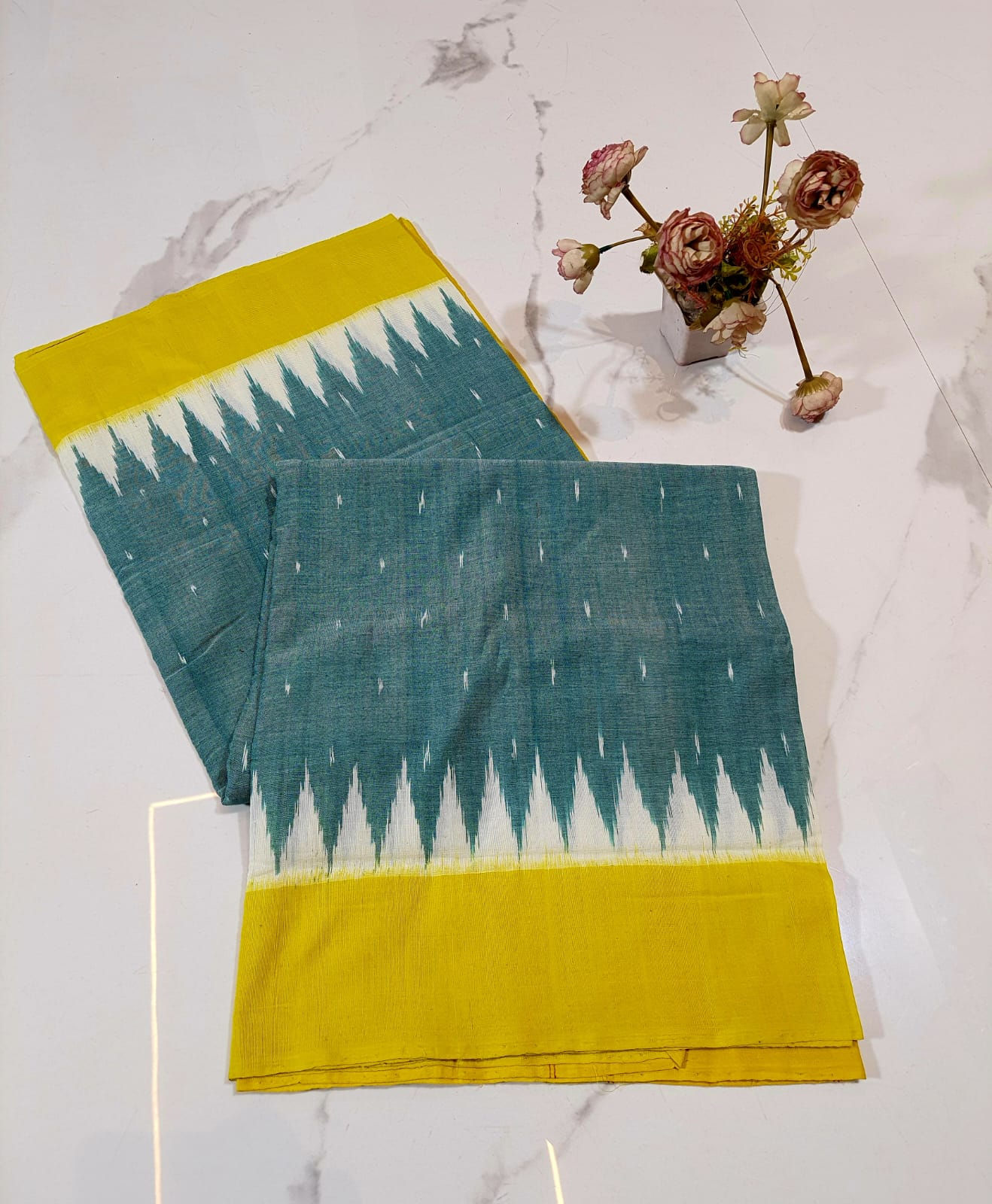Teal Sky Yellow Ikat mercerised pure handloom cotton Saree