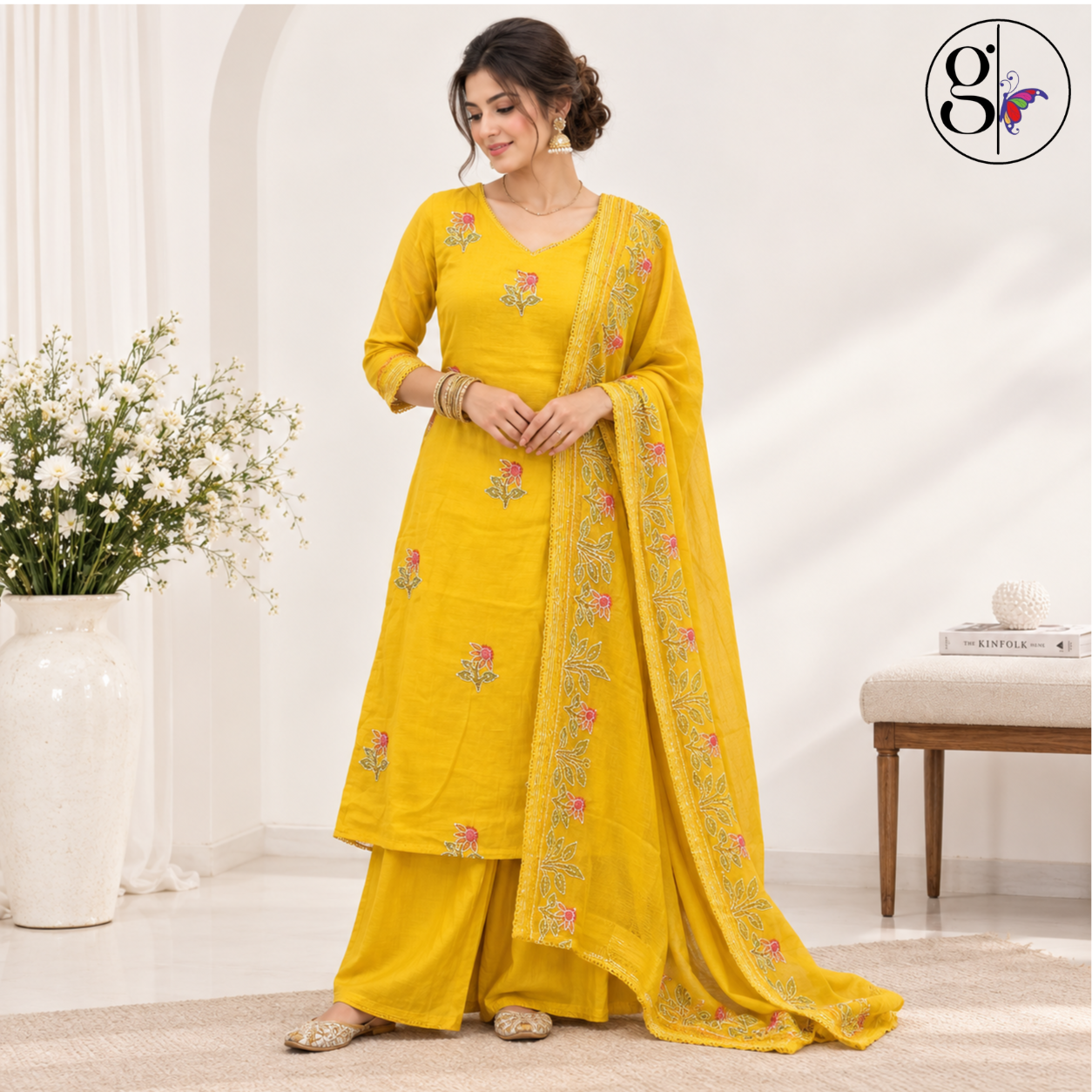 Yellow  Mul chanderi Floral Embroidered Dress