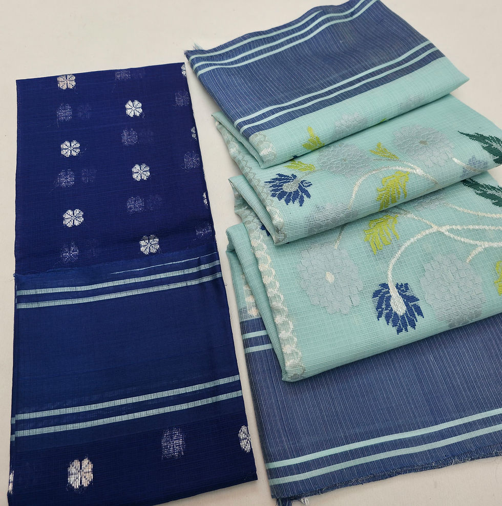 Sky Blue & Navy Kota Doria Floral Saree