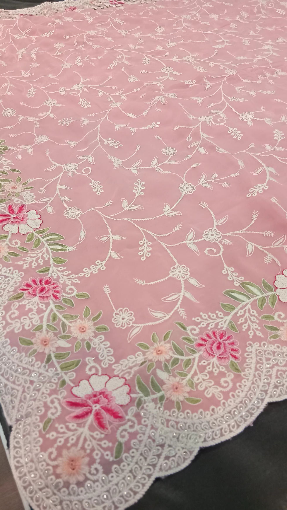 Blush Pink Floral Embroidered Net Dupatta