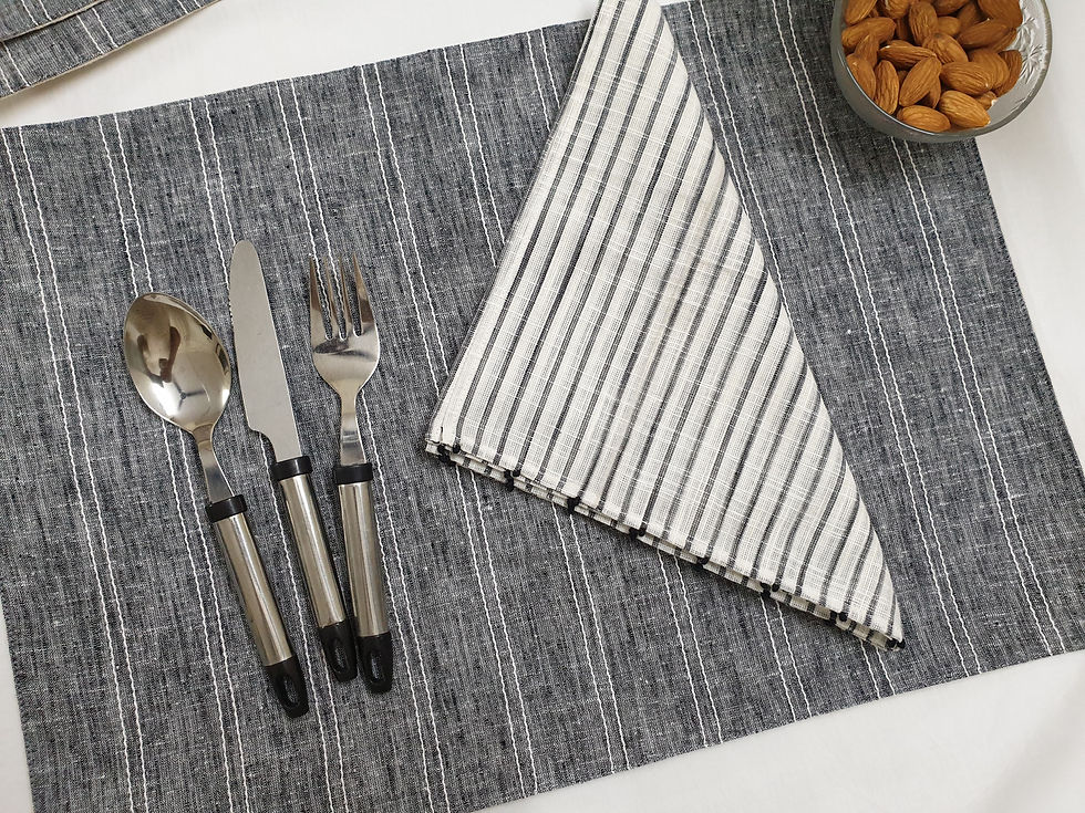 Thumbnail: Cotton Grey Textured Mats n Cotton woven stripes Napkins Set