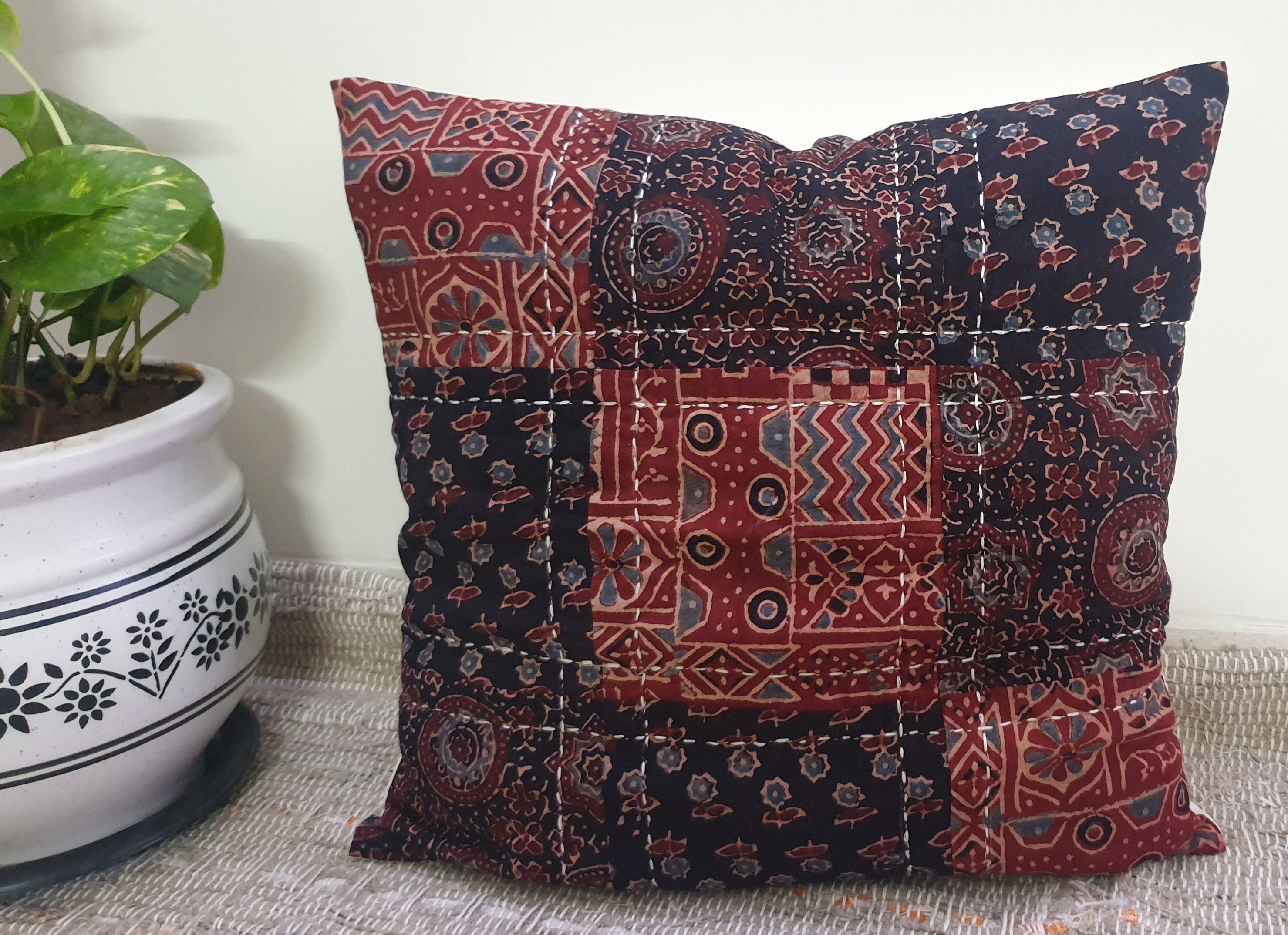 Cotton Ajrakh Block Printed Square Patchwork Cushion