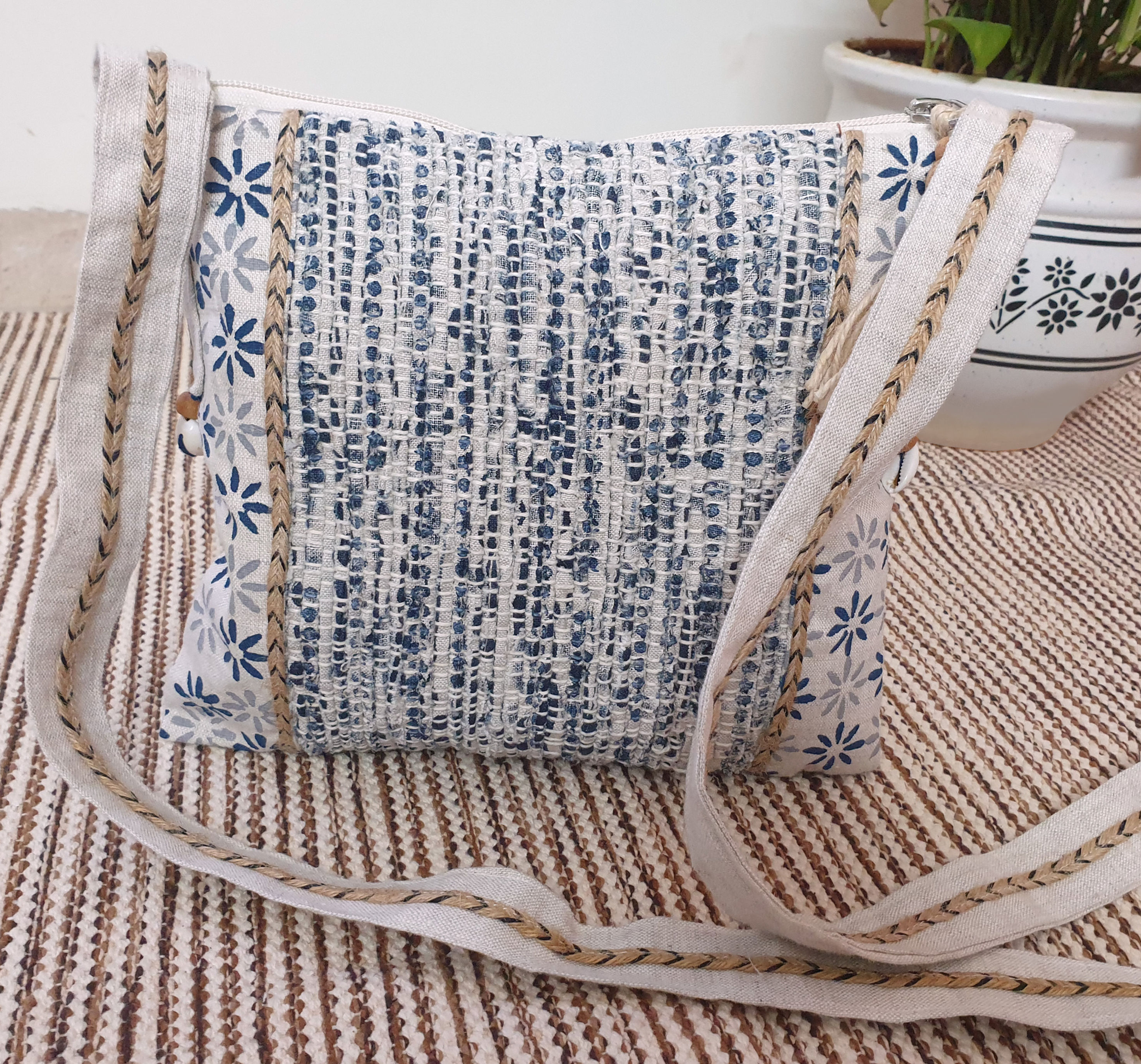 Blue Chindi Bag with Jute Trim