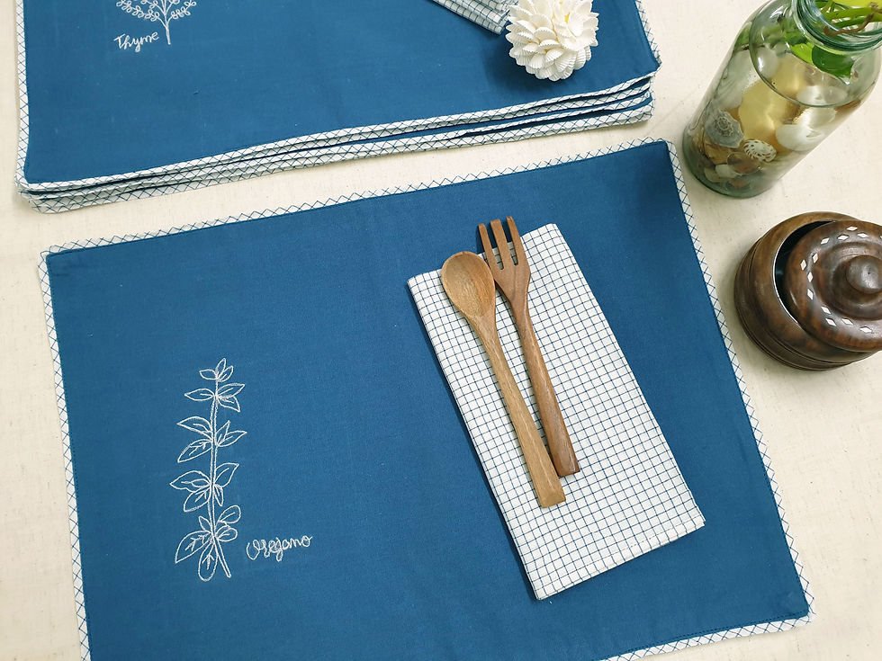 Thumbnail: Cotton Teal Blue Embroidered Herbs Placemats and Napkins Set