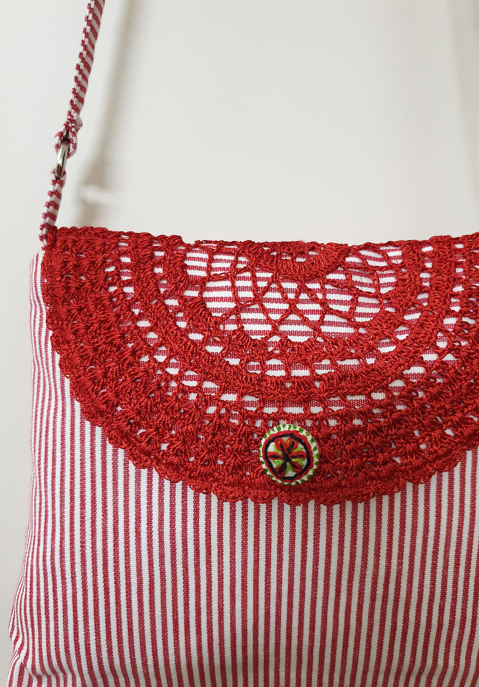 Thumbnail: Cotton Pin Stripe Sling Bag with Crochet Flap
