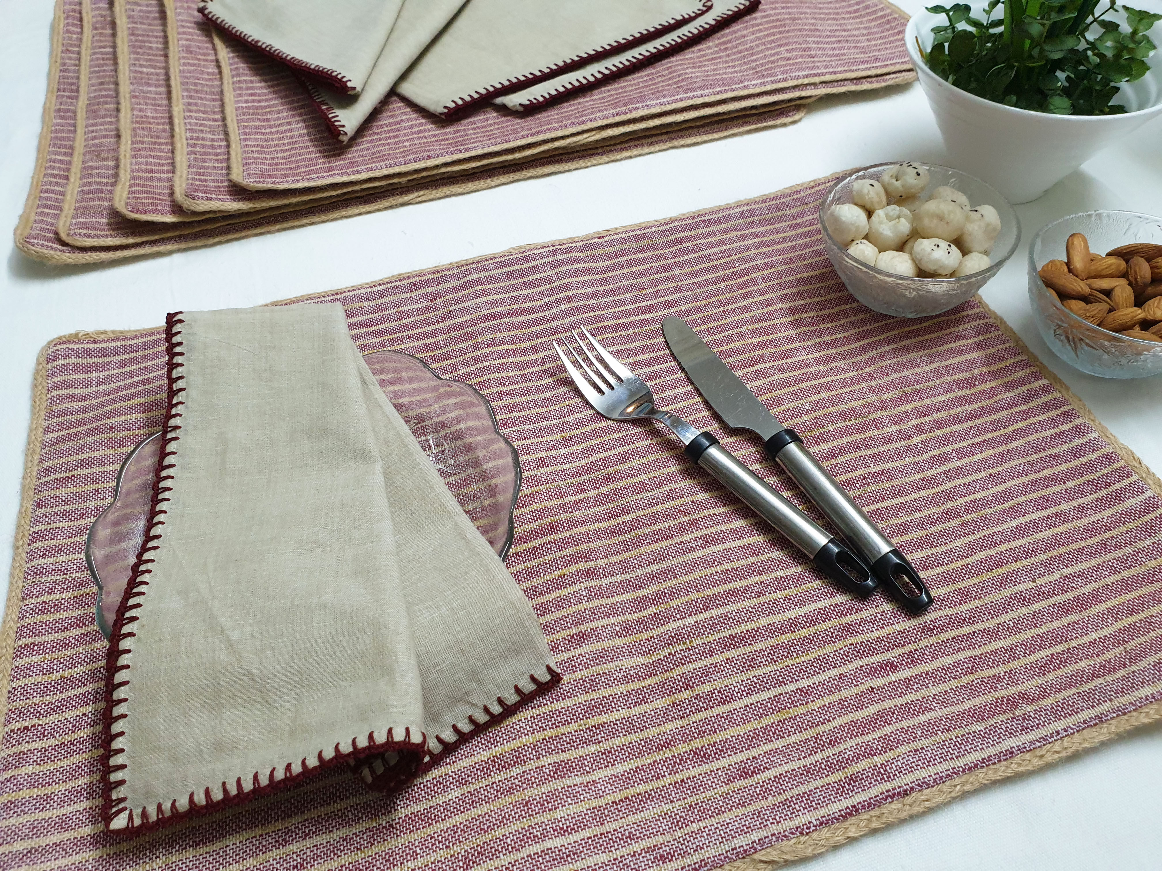 Jute n Cotton Textured Stripe Mats n Napkins Set