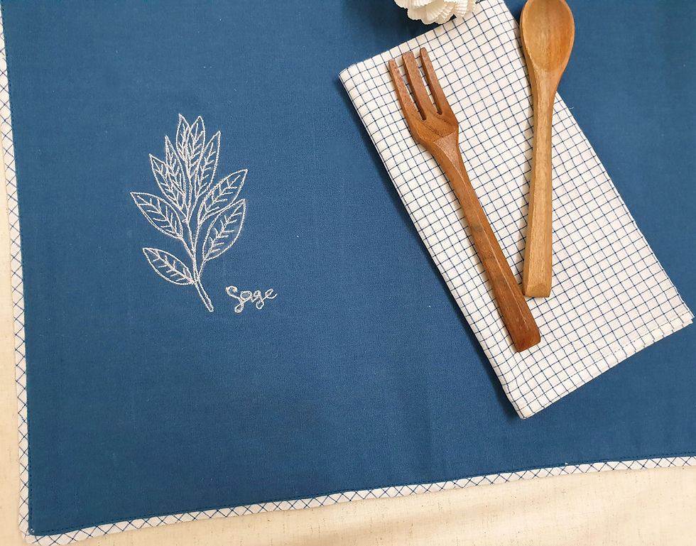 Thumbnail: Cotton Teal Blue Embroidered Herbs Placemats and Napkins Set