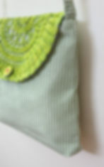 Thumbnail: Cotton Pin Stripe Sling Bag with Crochet Flap