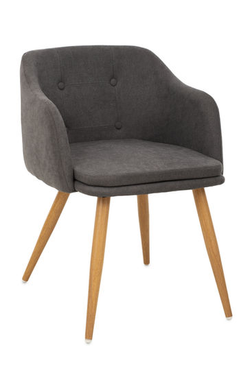 Banqueta Joly com braço fendi, cadeira estofada cinza com pernas de madeira clara