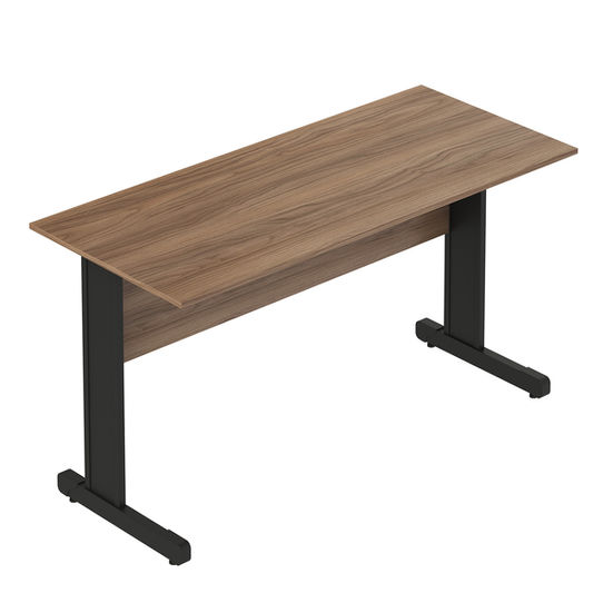 Mesa de escritório moderna com tampo marrom e base preta