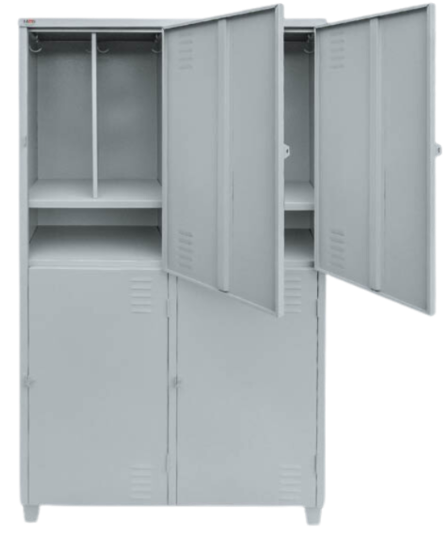 Armário de aço com várias portas abertas