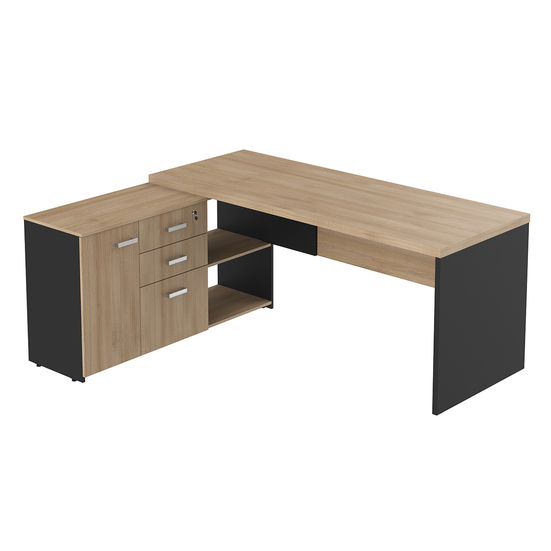 Escritório em L com gaveta e prateleira