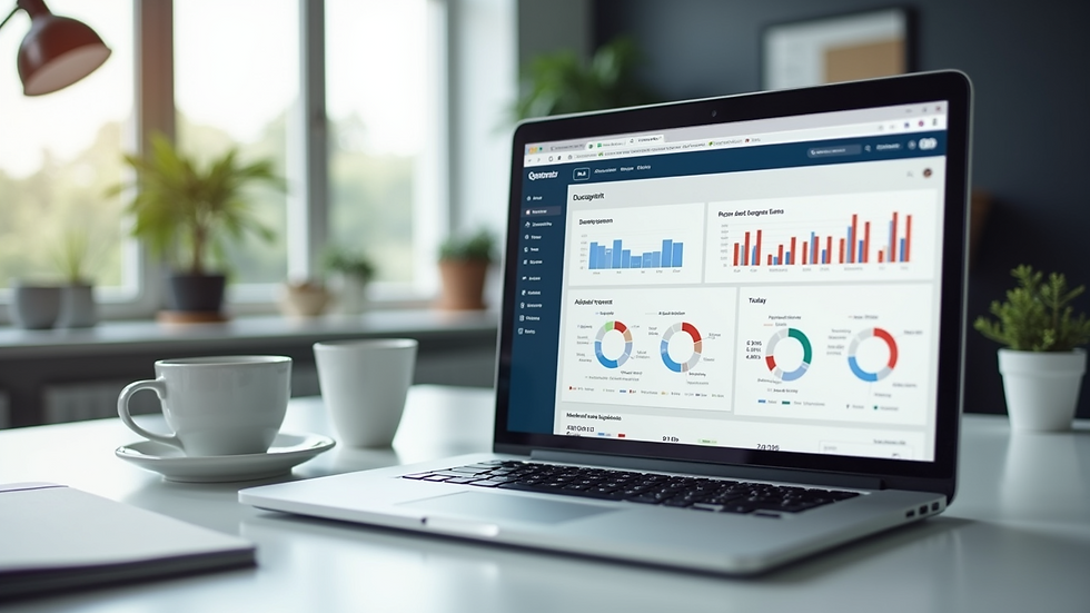 Eye-level view of a modern office desk with a laptop showing CRM dashboard