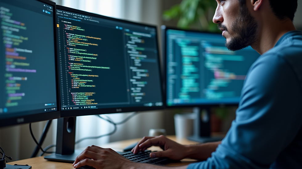 Close-up view of a developer’s desk with multiple screens showing code and cloud service dashboards