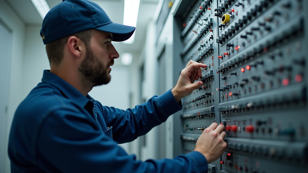 Close-up view of a technician inspecting an HVAC control panel