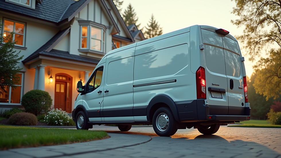 Eye-level view of HVAC service van parked outside a residential home