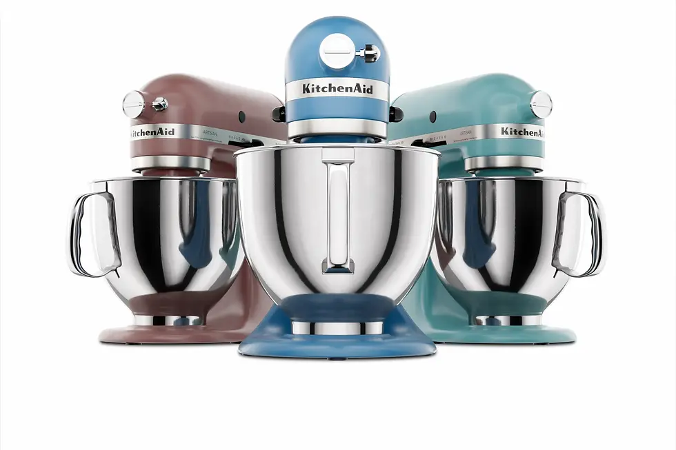 Photoreal 3D render of KitchenAid Artisan Series stand mixers in multiple colors, showcasing e-commerce product visualization and prototyping.