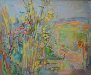 802. Paysage Abstrait. Huile sur Isorel. 54 x 64.5.