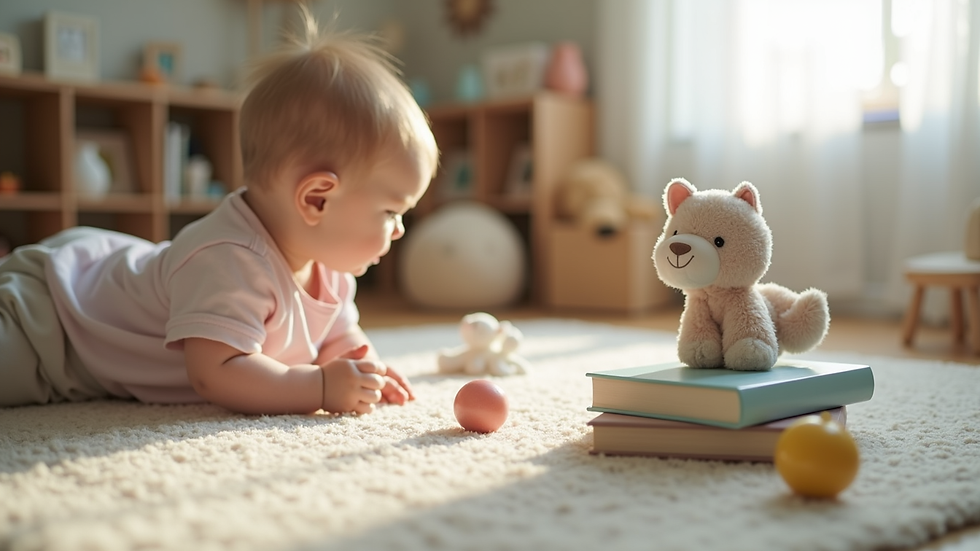 Eye-level view of a baby’s play area with soft toys and books