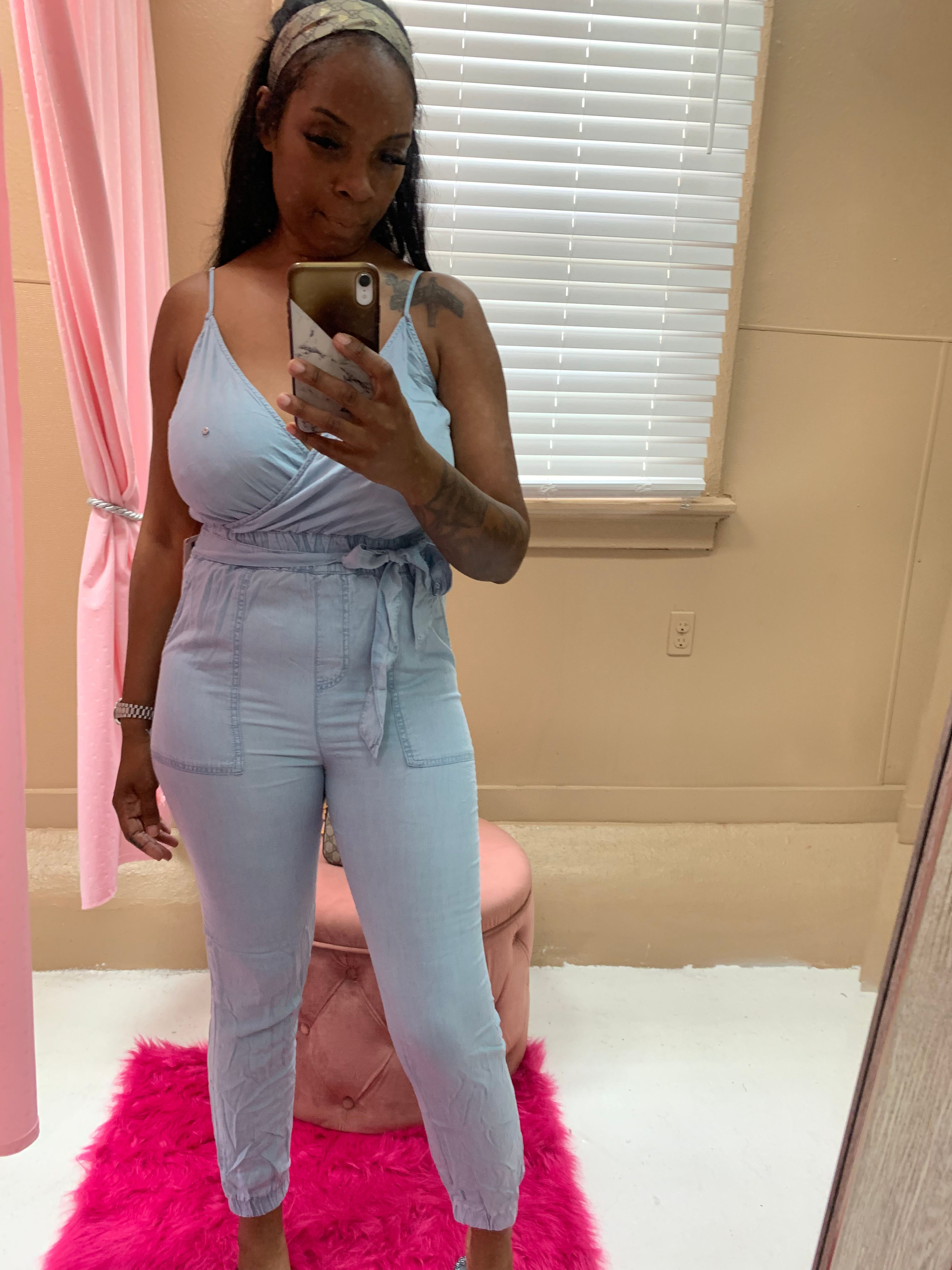 V Neck Jean Jumpsuit