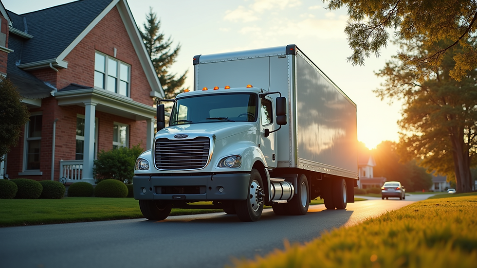 Eye-level view of a moving truck parked outside a residential house