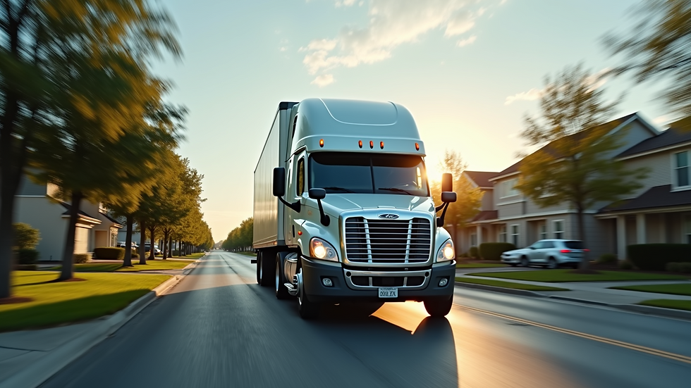 Eye-level view of a moving truck driving away from a suburban neighborhood
