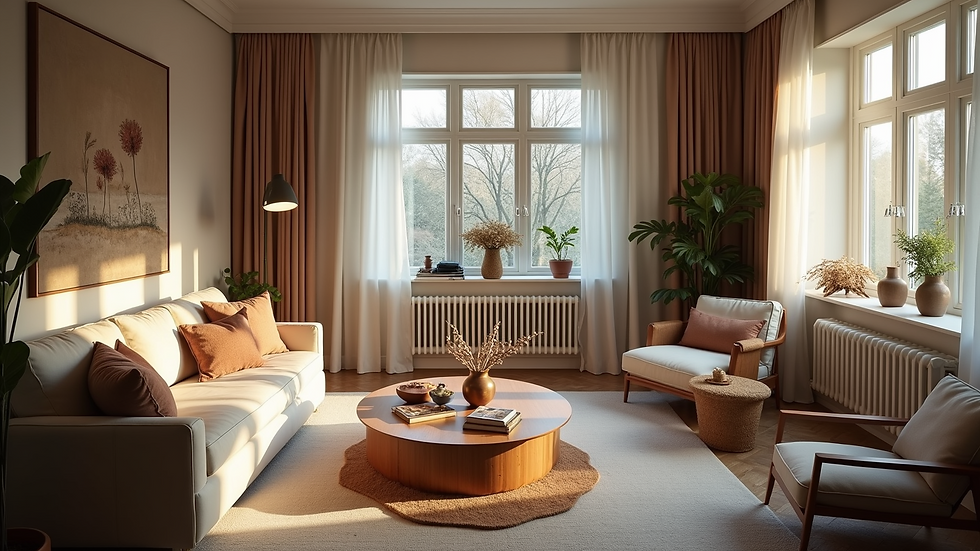 High angle view of a spacious, cozy living room