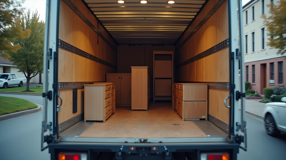 High angle view of a moving truck being loaded with furniture