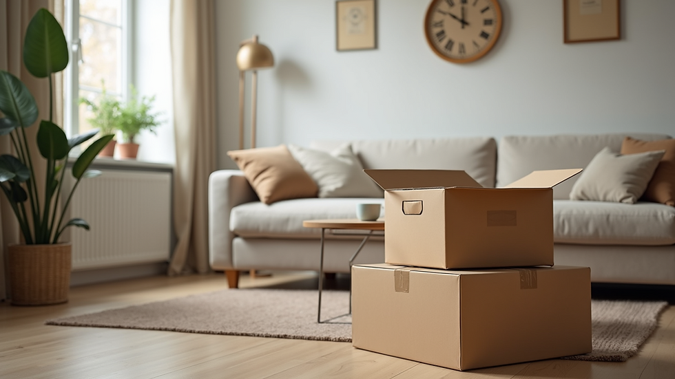 Close-up view of neatly packed moving boxes in a living room