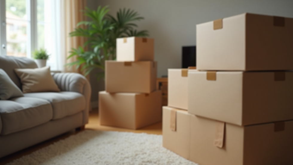 High angle view of neatly packed moving boxes stacked in a living room