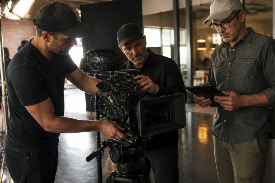 A video production crew on a commercial set adjusting a cinema camera on a tripod while a director reviews a shot list on a tablet, with lighting equipment visible in the background