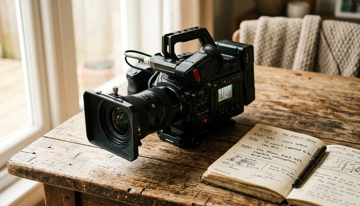 Eye-level view of a handheld camera resting beside scattered story notes.