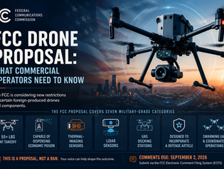 FCC poster about drone proposal with a large quadcopter over a city sunset, listing new commercial drone restrictions.