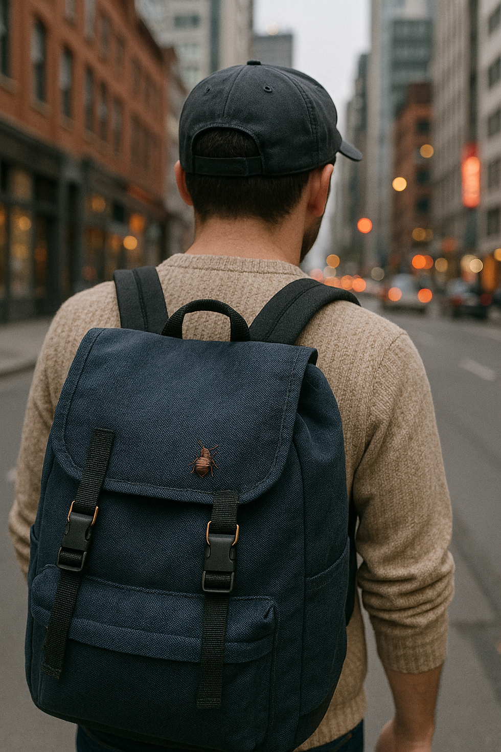 Man in sweater and cap with blue backpack stands on a city street, blurred buildings and lights in the background. Calm mood.